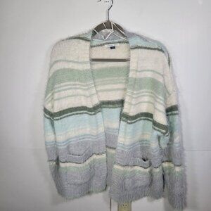American Eagle Women Green & Gray Cardigan Soft Knit Sweater Striped Size XS